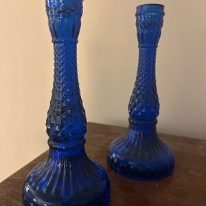 Elegant Blue Glass Candle Holders (Pair)
